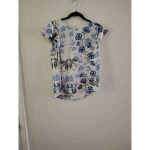 Twine & String Blue Floral Bird Print Flutter Sleeve Blouse White Top Large